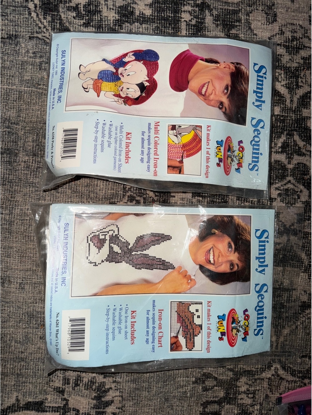 Vintage Simply Sequins Looney Tunes Iron-On Kit - Porky & Petunia + Bugs Bunny